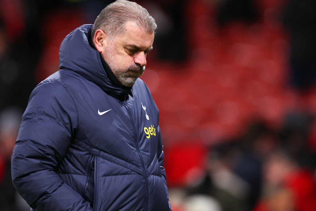 Ange Postecoglou the head coach / manager of Tottenham Hotspur during the Premier League match between Manchester United and Tottenham Hotspur at O...
