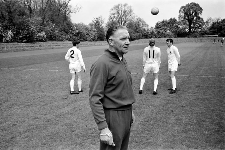 Tottenham Hotspur team training in preparation for their upcoming FA Cup final match. Manager Bill Nicholson17th May 1967.
