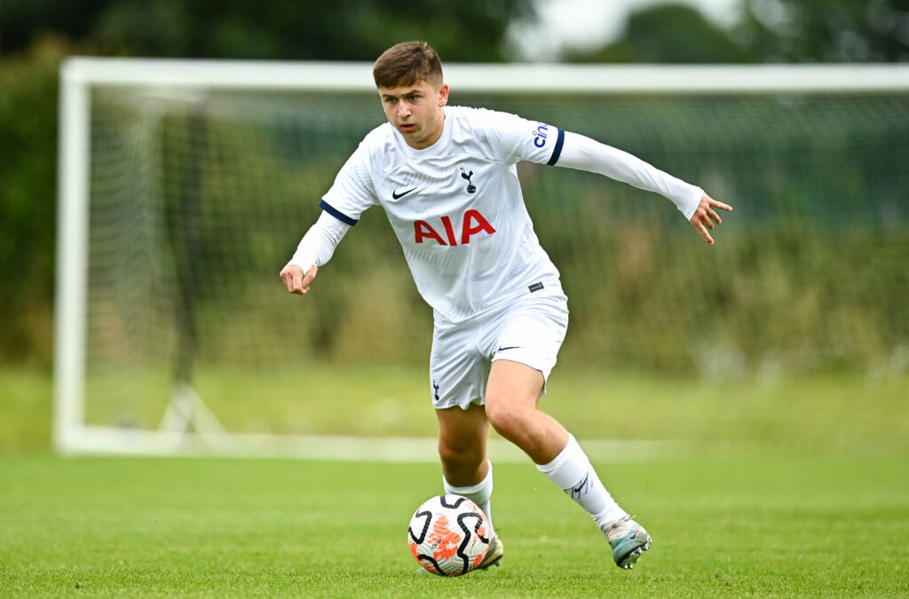 Cork , Ireland - 21 July 2023; Mikey Moore of Tottenham Hotspur during the friendly match between Cork City U19s and Tottenham Hotspur U18s at Bish...