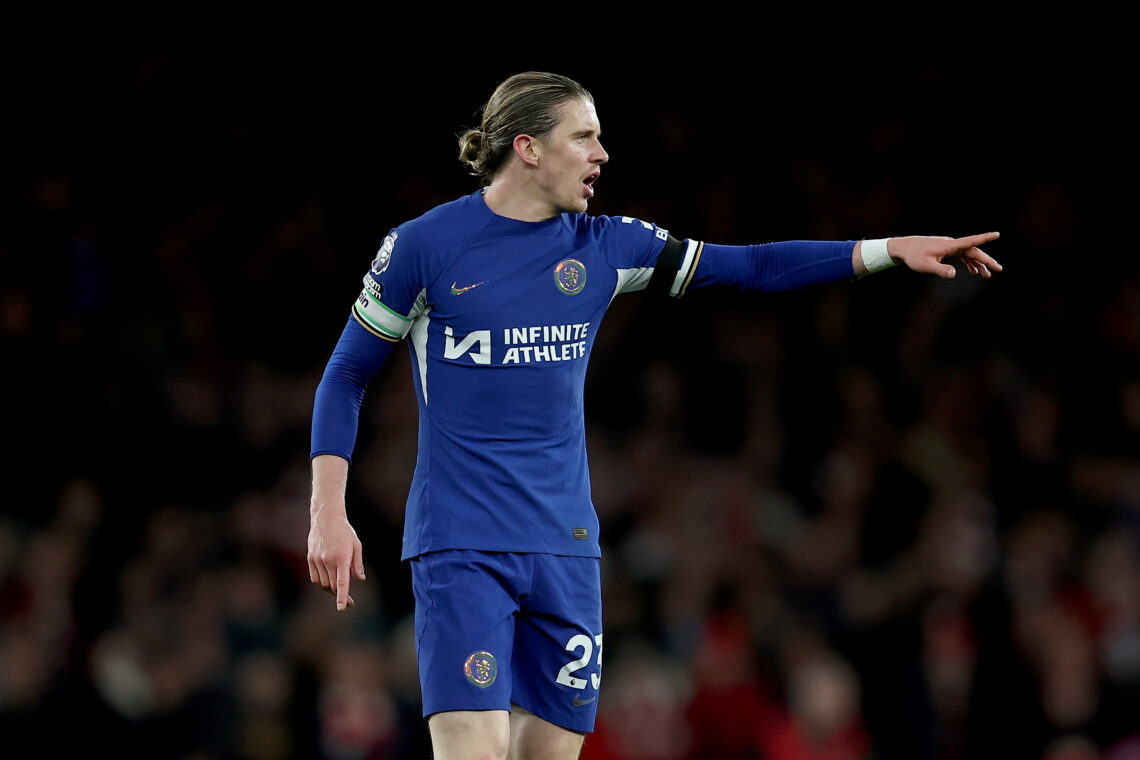 Conor Gallagher of Chelsea gives the team instructions during the Premier League match between Arsenal FC and Chelsea FC at Emirates Stadium on Apr...