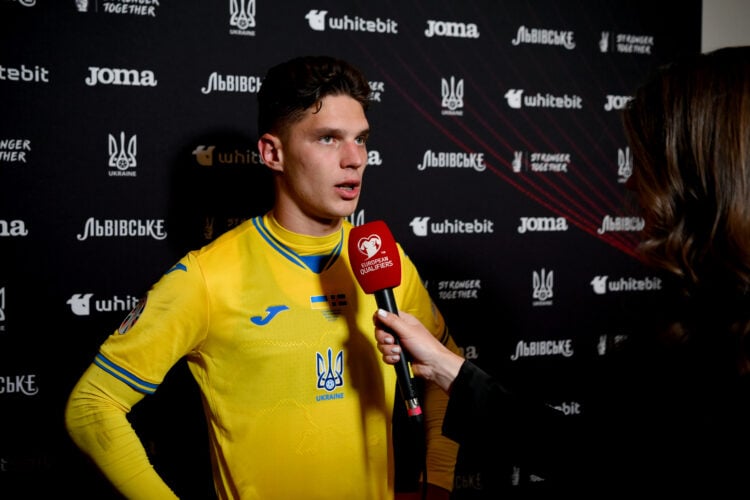 Georgiy Sudakov of Ukraine speaks to the media at full-time following the team's victory in the UEFA EURO 2024 Play-Offs final match between Ukrain...