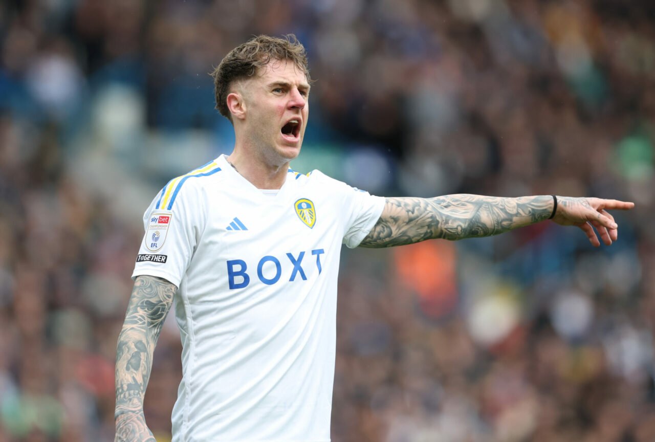 Joe Rodon of Leeds United points during the Sky Bet Championship match between Leeds United and Blackburn Rovers at Elland Road on April 13, 2024 i...