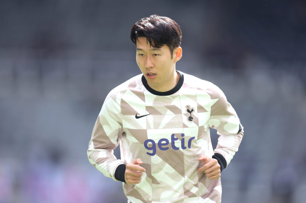 Son Heung-Min of Tottenham Hotspur warms up prior to the Premier League match between Newcastle United and Tottenham Hotspur at St. James Park on A...