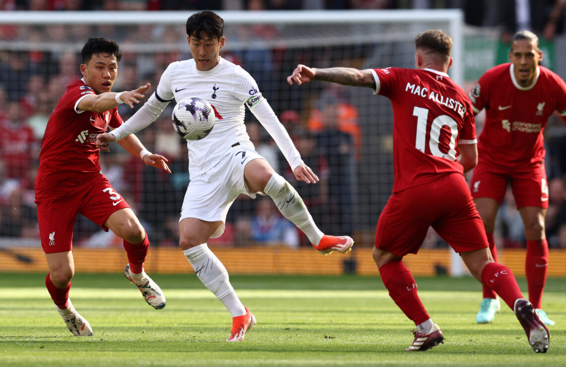 Tottenham Hotspur's South Korean striker #07 Son Heung-Min (2L) vies with Liverpool's Japanese midfielder #03 Wataru Endo (L) and Liverpool's Argen...