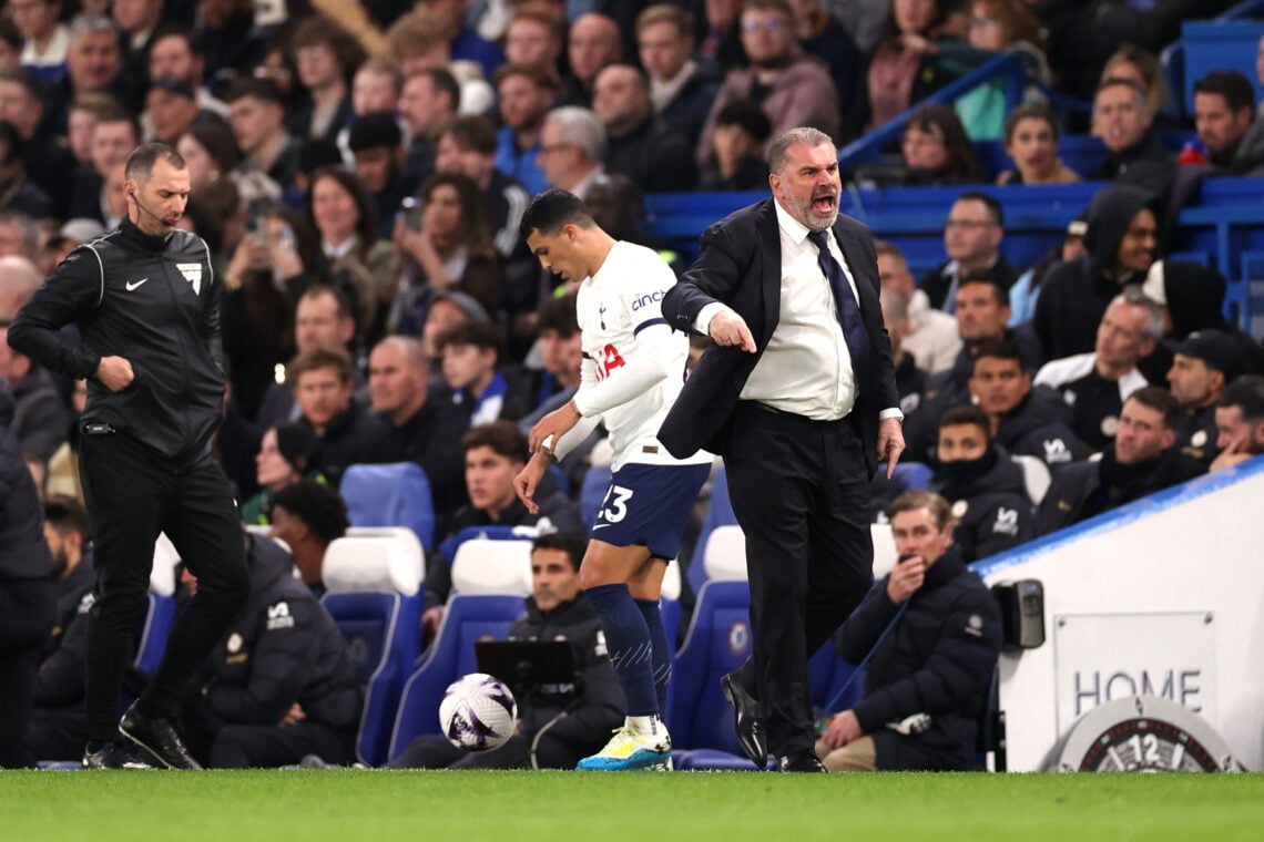 Ange Postecoglou, Manager of Tottenham Hotspur, reacts during the Premier League match between Chelsea FC and Tottenham Hotspur at Stamford Bridge ...