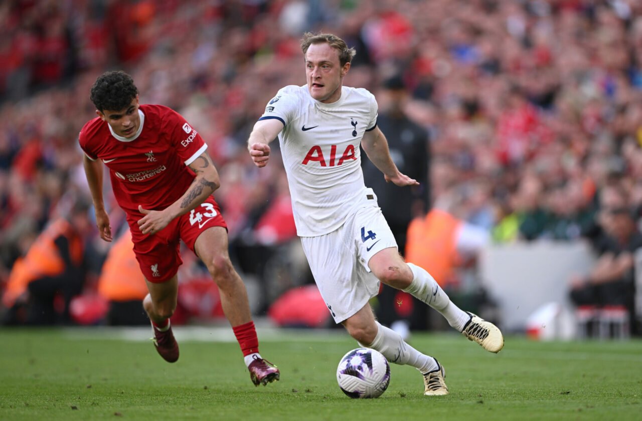 Oliver Skipp of Tottenham Hotspur in action during the Premier League match between Liverpool FC and Tottenham Hotspur at Anfield on May 05, 2024 i...