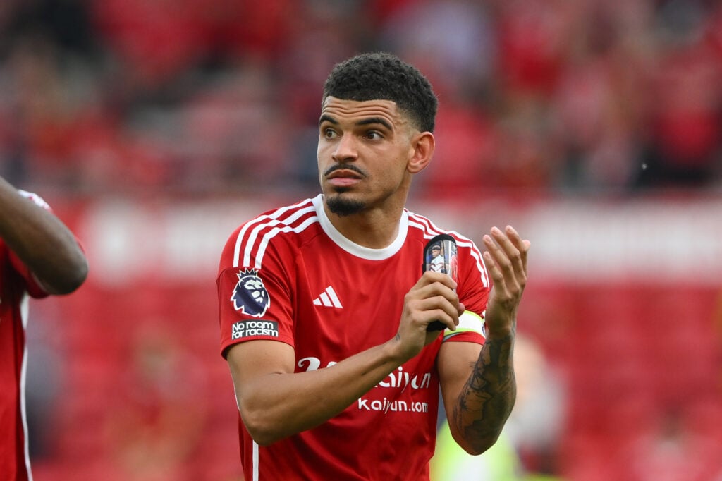 Morgan Gibbs-White of Nottingham Forest is looking dejected after a defeat during the Premier League match between Nottingham Forest and Chelsea at...