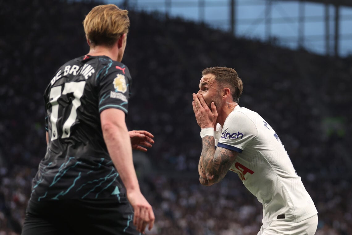 James Maddison of Tottenham Hotspur reacts during the Premier League match between Tottenham Hotspur and Manchester City at Tottenham Hotspur Stadi...