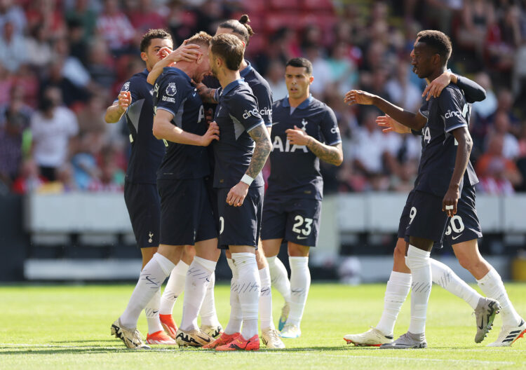 Dejan Kulusevski of Tottenham Hotspur celebrates scoring his team's first goal with teammates during the Premier League match between Sheffield Uni...
