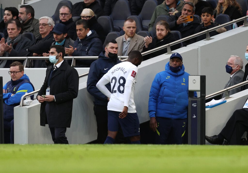 Tanguy Ndombele of Tottenham Hotspur leaves the field after being substituted during the Emirates FA Cup Third Round match between Tottenham Hotspu...