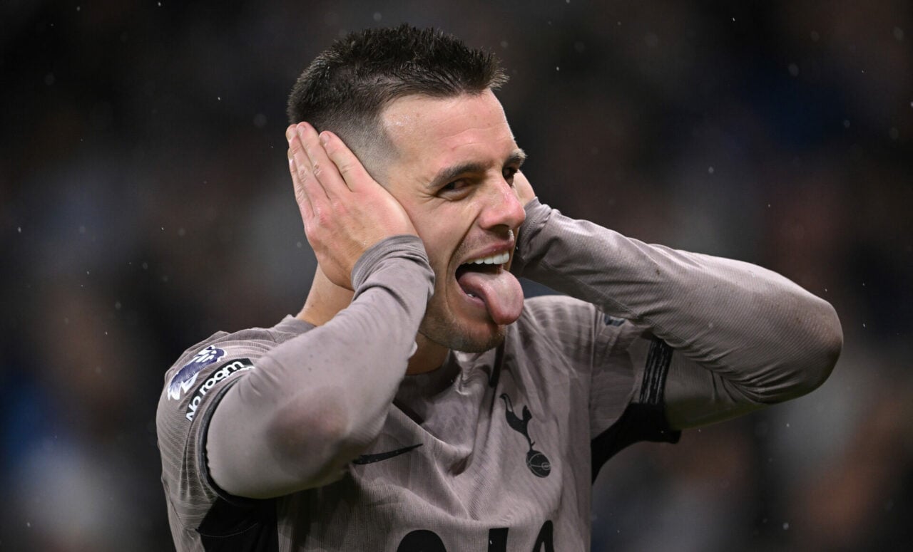 Giovani Lo Celso of Tottenham Hotspur celebrates after scoring the team's second goal during the Premier League match between Manchester City and T...