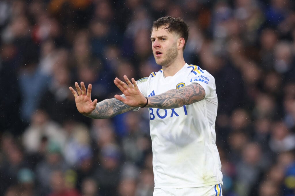 Joe Rodon of Leeds United reacts during the Sky Bet Championship match between Leeds United and Rotherham United at Elland Road on February 10, 202...