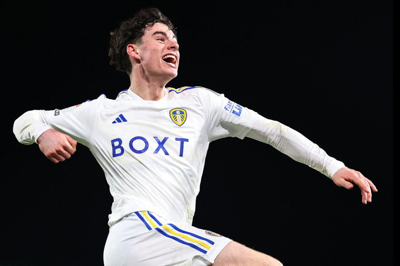 Archie Gray of Leeds United celebrates after scoring a goal to make it 2-1  during the Sky Bet Championship match between Leeds United and Leiceste...