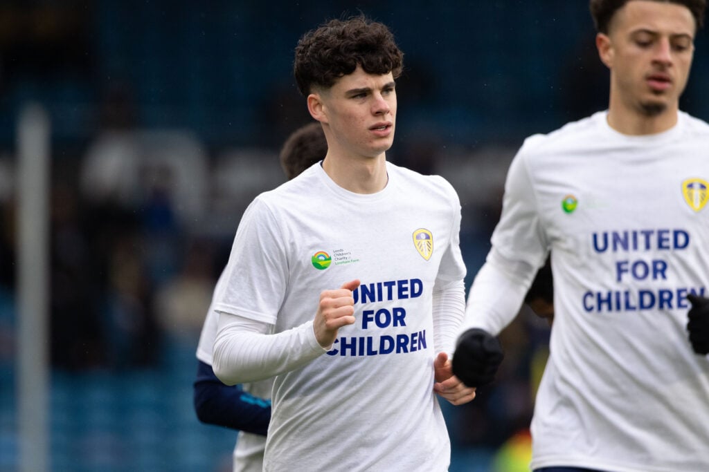Archie Gray of Leeds United is wearing a United For Children t-shirt before the SkyBet Championship match between Leeds United and Blackburn Rovers...