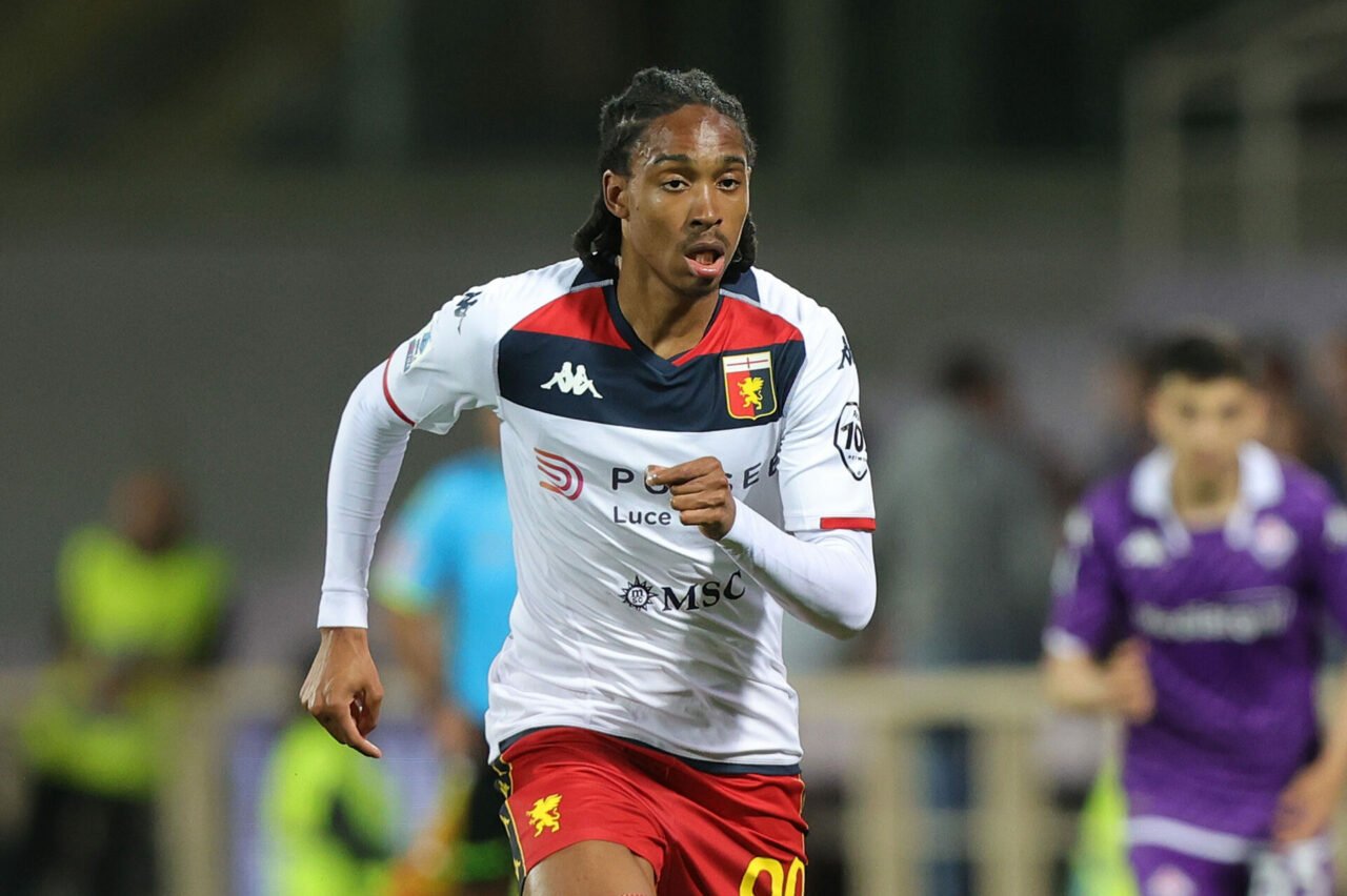 Djed Spence of Genoa CFC in action during the Serie A TIM match between ACF Fiorentina and Genoa CFC at Stadio Artemio Franchi on April 15, 2024 in...