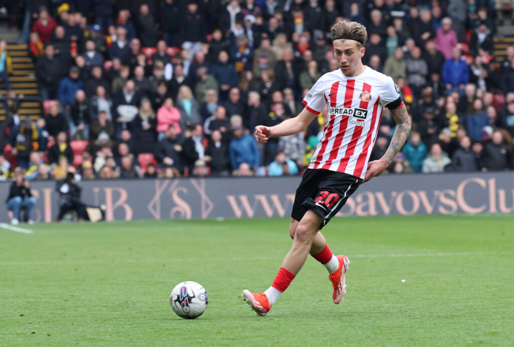 Jack Clarke of Sunderland carries the ball during the Sky Bet Championship match between Watford and Sunderland at Vicarage Road on April 27, 2024 ...