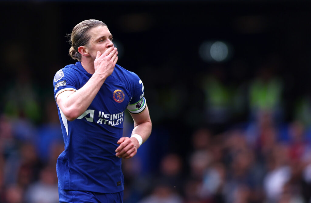 Conor Gallagher of Chelsea FC celebrates scoring their teams second goal during the Premier League match between Chelsea FC and West Ham United at ...