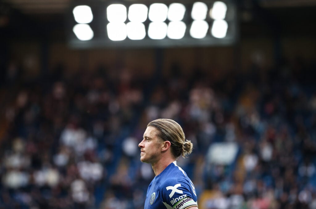 Conor Gallagher of Chelsea reacts during the Premier League match between Chelsea FC and West Ham United at Stamford Bridge on May 05, 2024 in Lond...
