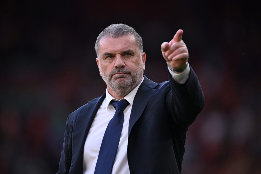 Ange Postecoglou, Manager of Tottenham Hotspur, gestures to the Spurs fans following the Premier League match between Liverpool FC and Tottenham Ho...