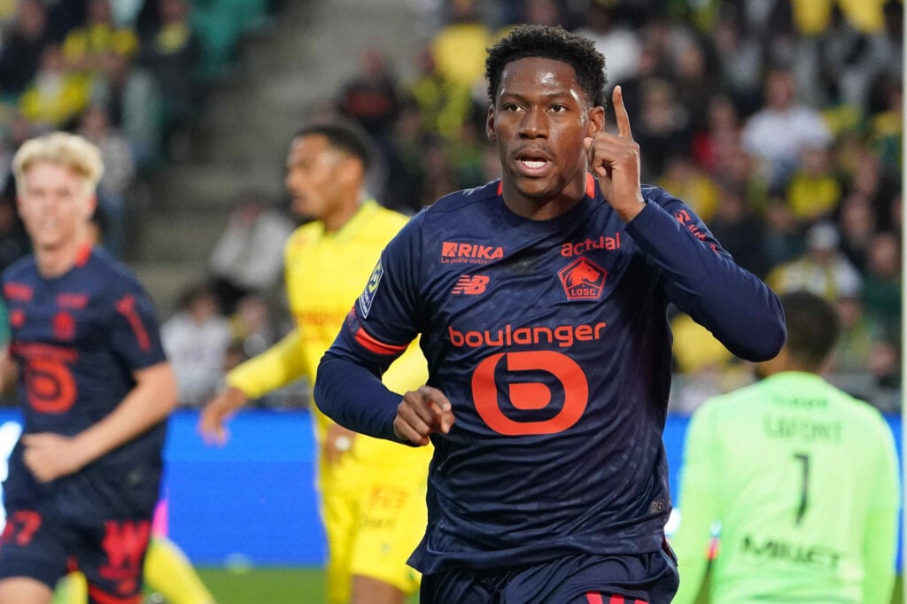 Jonathan DAVID of Lille celebrate after scores during the Ligue 1 Uber Eats match between Nantes and Lille at Stade de la Beaujoire on May 12, 2024...