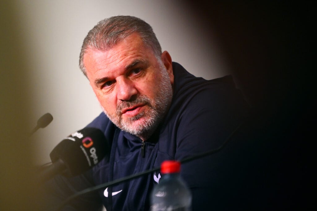 Ange Postecoglou, Manager of Tottenham Hotspur, speaks to the media during a Tottenham Hotspur press conference at AAMI Park on May 21, 2024 in Mel...