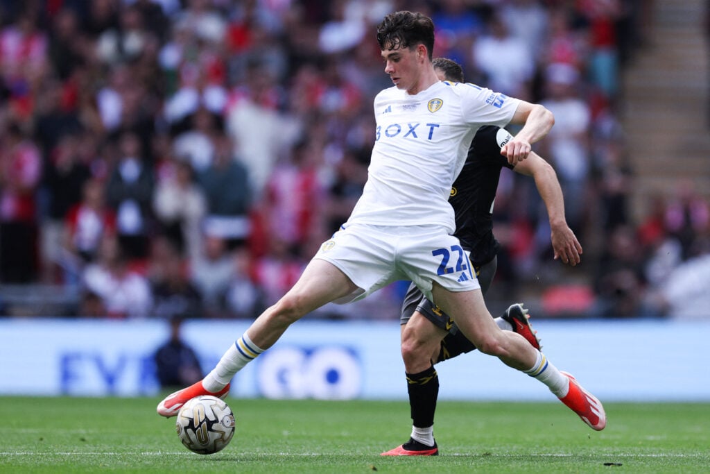 Leeds United's English midfielder #22 Archie Gray controls the ball during the English Championship play-off final football match between Leeds Uni...