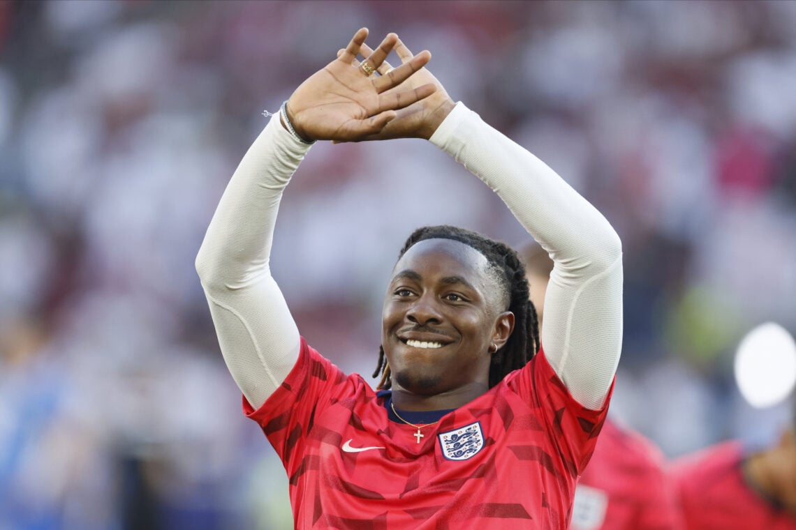 Eberechi Eze of England warms up before the UEFA EURO 2024 group stage match between England and Slovenia at Cologne Stadium on June 25, 2024 in Co...