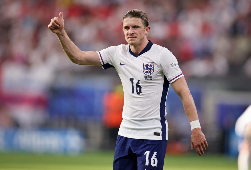 Conor Gallagher of England in action during the UEFA EURO 2024 group stage match between Denmark and England at Frankfurt Arena on June 20, 2024 in...
