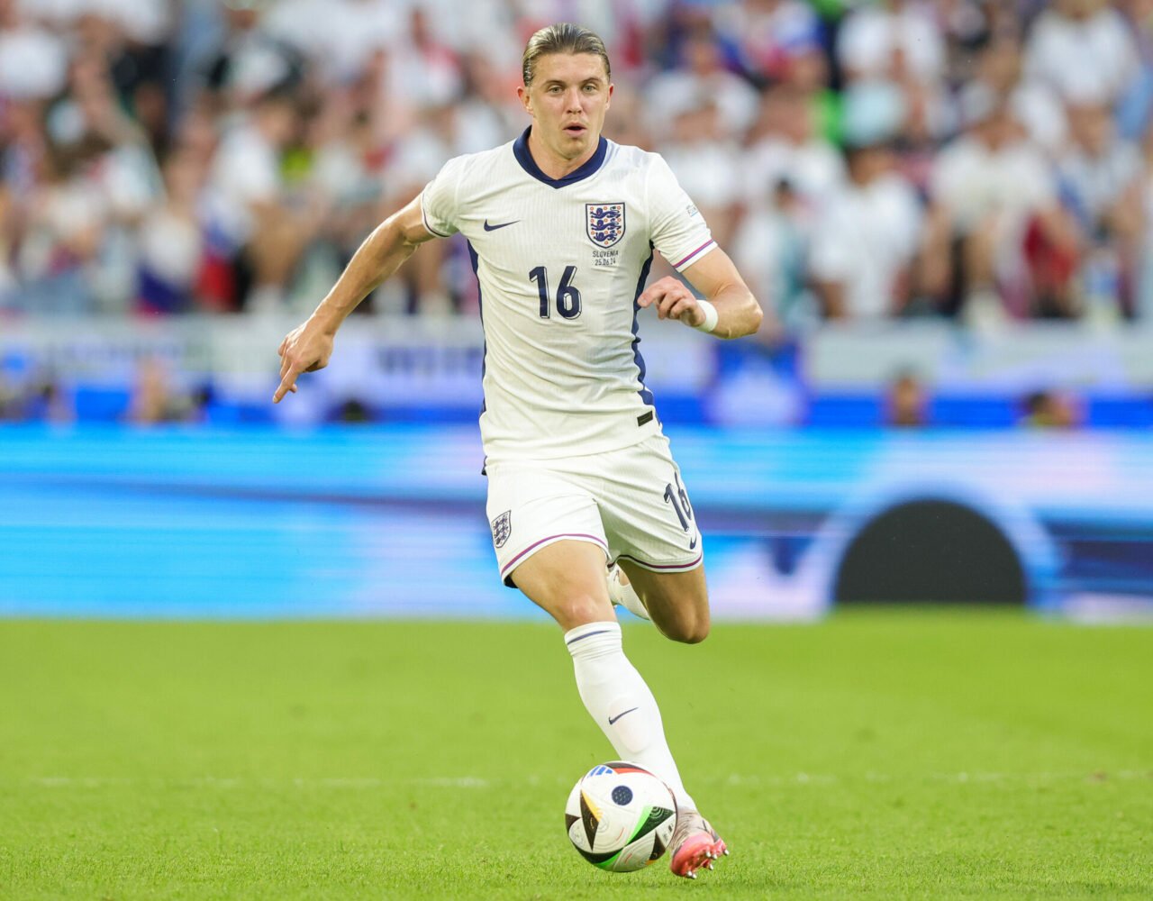 Conor Gallagher of England plays the ball during the UEFA EURO 2024 group stage match between England and Slovenia at Cologne Stadium on June 25, 2...