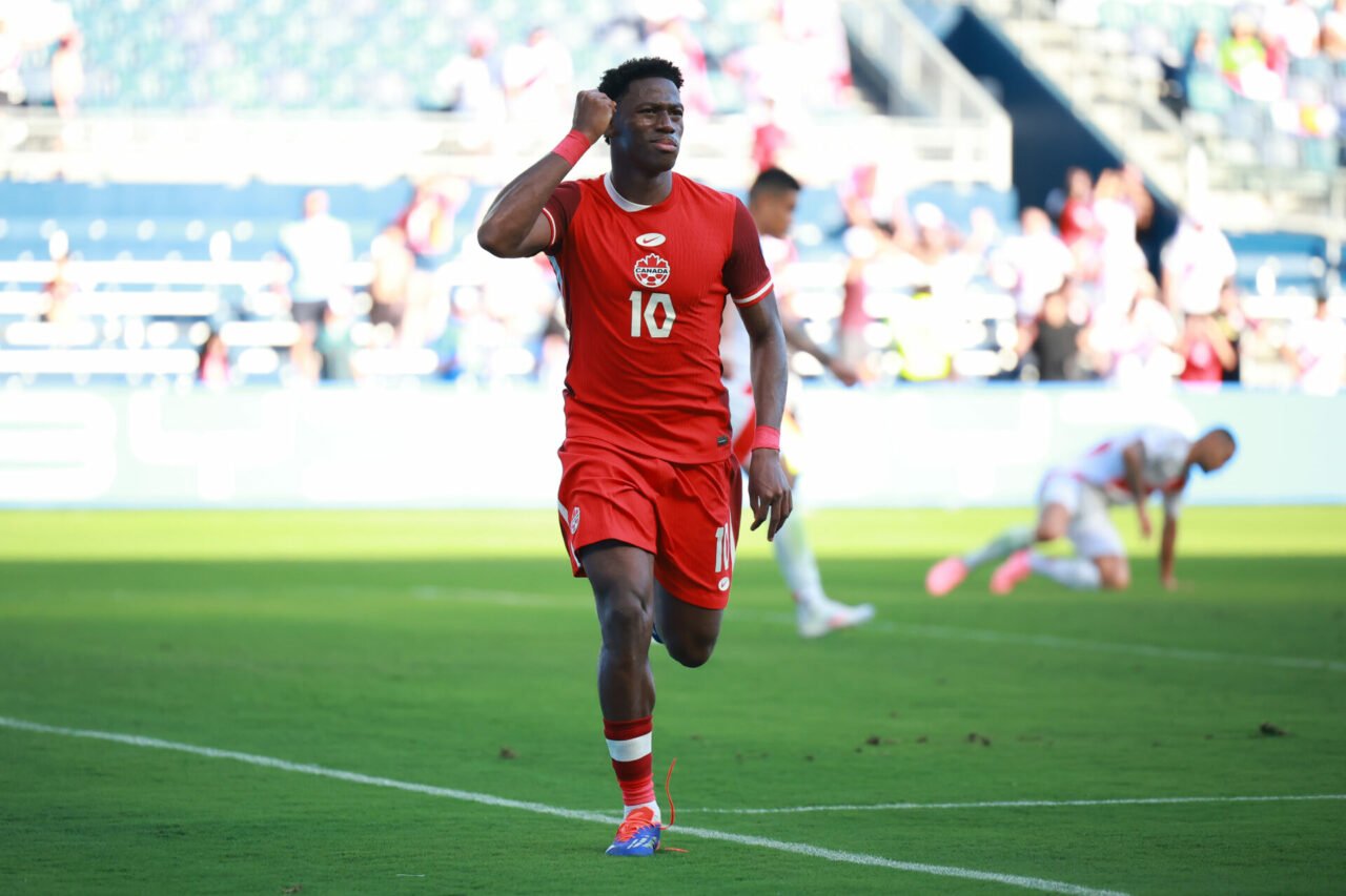 Jonathan David of Canada celebrates after scoring the team's first goal during the CONMEBOL Copa America 2024 between Peru and Canada at Children's...
