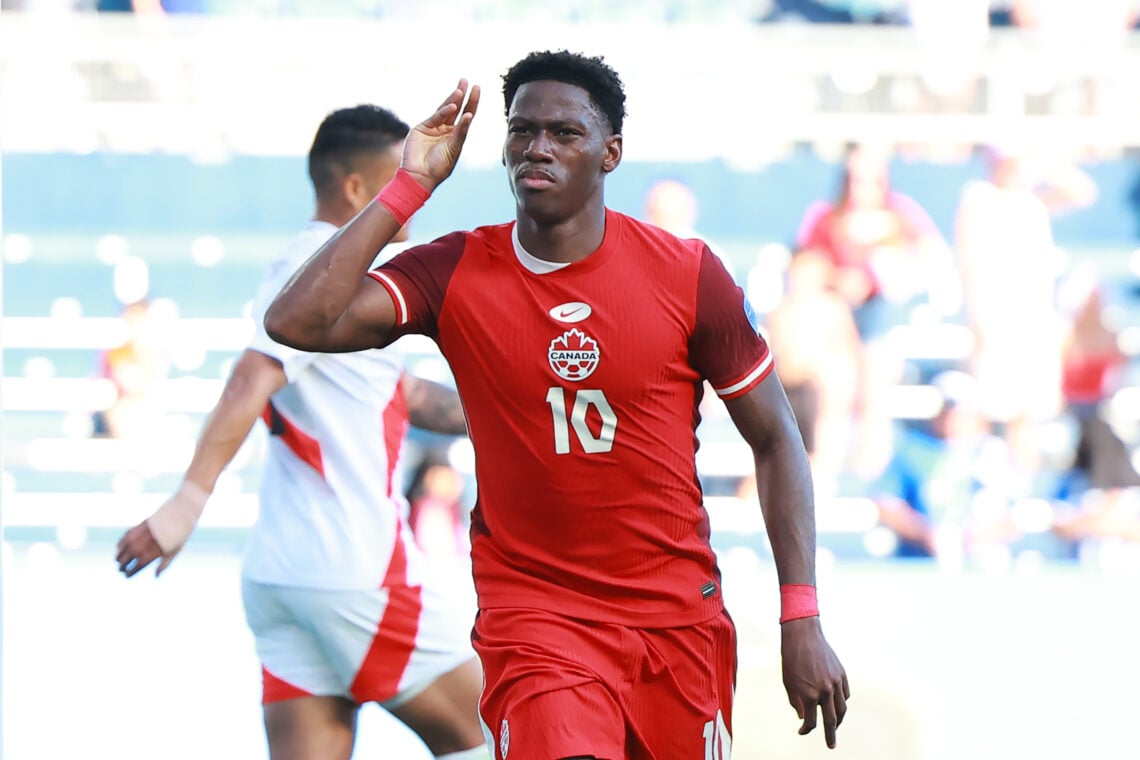 Jonathan David of Canada celebrates after scoring the team's first goal during the CONMEBOL Copa America 2024 between Peru and Canada at Children's...