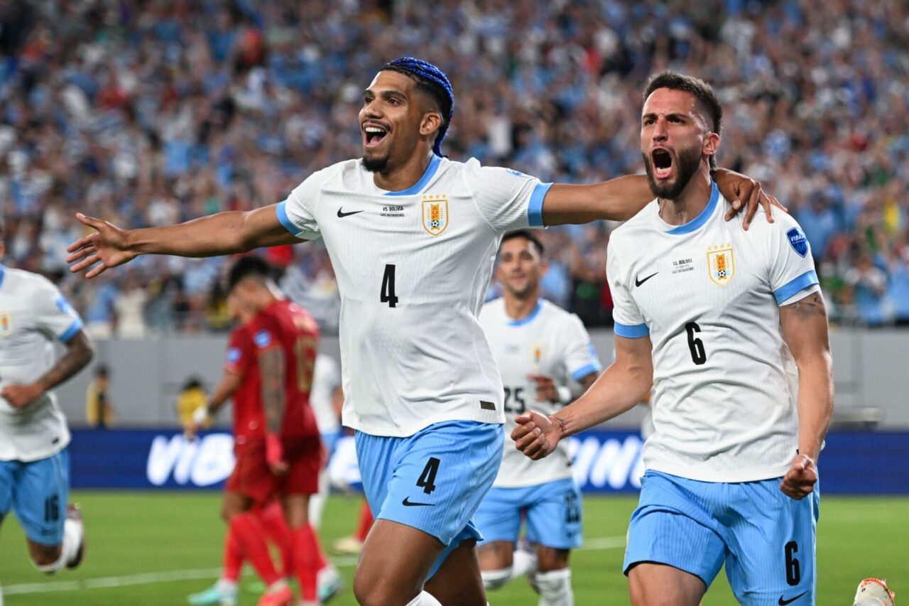 Rodrigo Bentancur #6 celebrates a goal with Ronald Araujo #4 of Uruguay during a Copa America 2024 Group C match between Bolivia and Uruguay at Met...