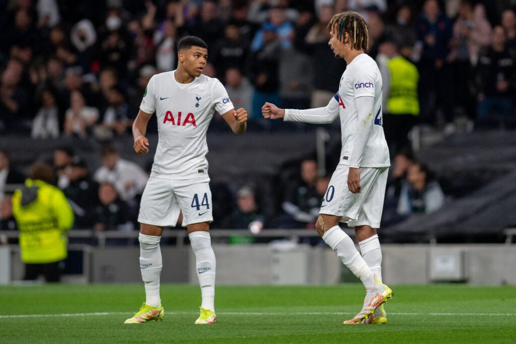 Dele Alli of Tottenham Hotspur celebrate with Dane Scarlett after scoring hes 1st goal during the UEFA Europa Conference League group G match betwe...