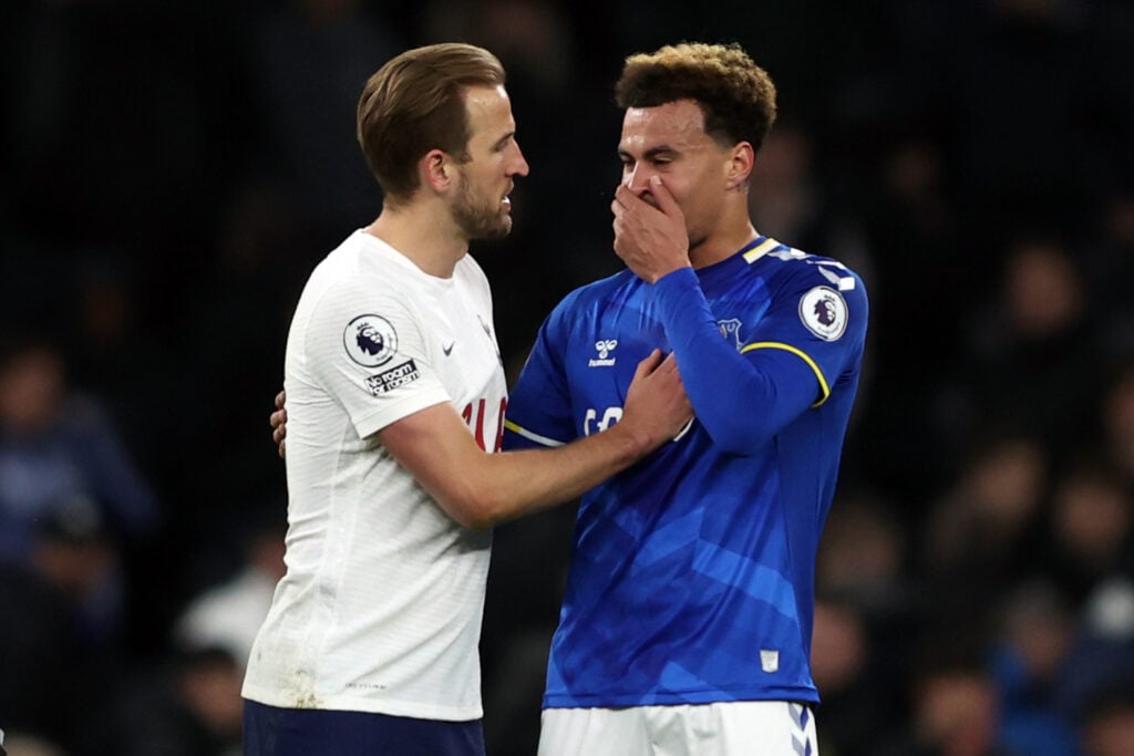 Dele Alli of Everton with Harry Kane of Tottenham Hotspur during the Premier League match between Tottenham Hotspur and Everton at Tottenham Hotspu...