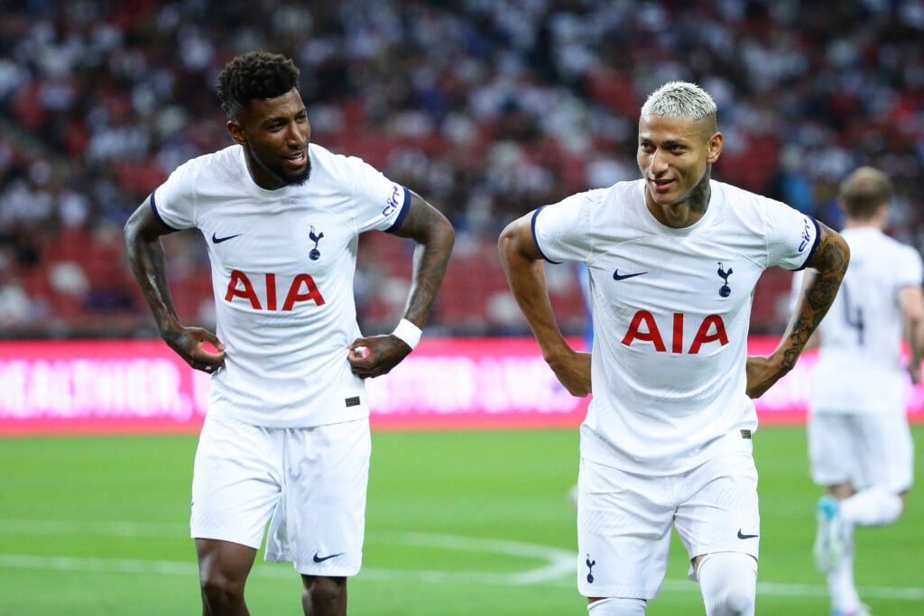 Richarlison (R) of Tottenham Hotspur celebrates with Emerson Royal after scoring a goal during the pre-season friendly match between Tottenham Hots...