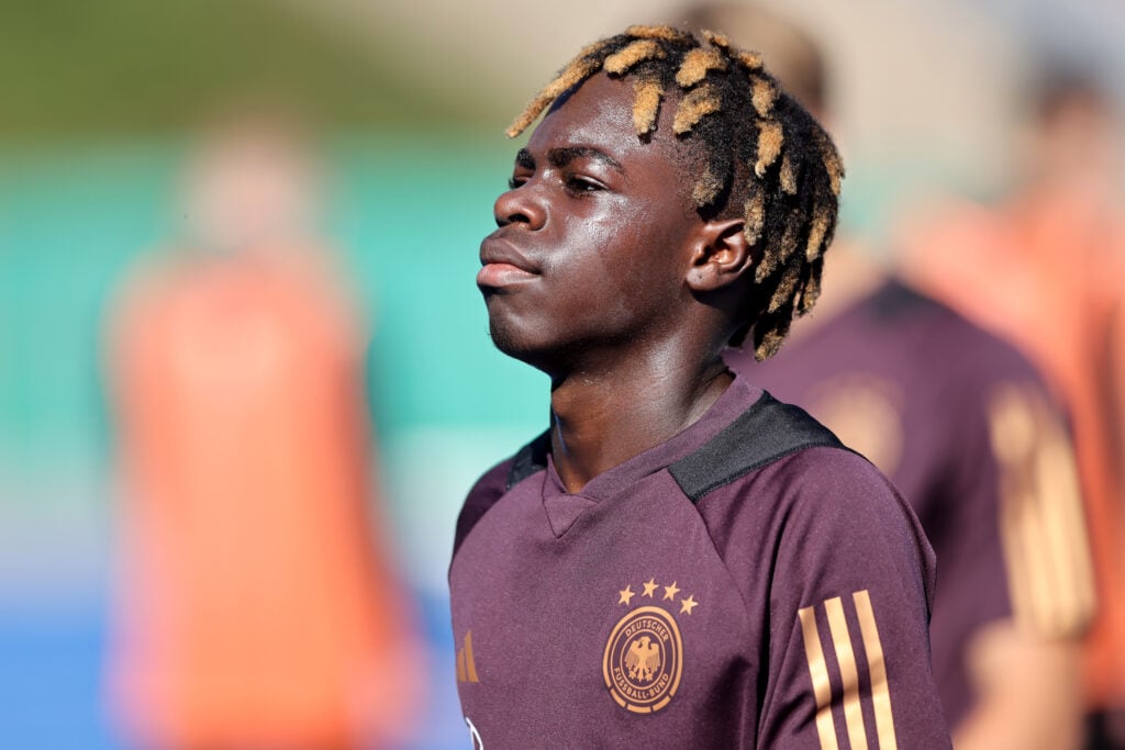 Boris Mamuzah Lum of Germany looks on prior to the U17 4-Nations tournament between Germany and Israel at Sportpark Nord on September 07, 2023 in B...