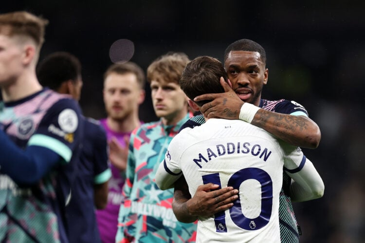 Ivan Toney of Brentford hugs James Maddison of Tottenham Hotspur after the Premier League match between Tottenham Hotspur and Brentford FC at Totte...