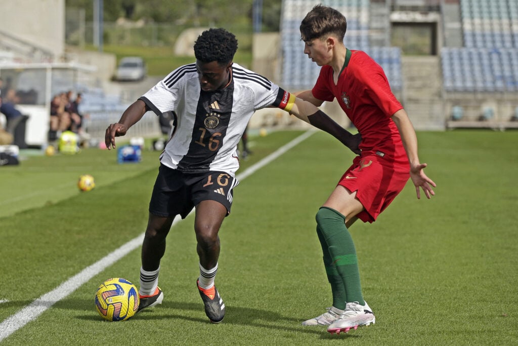 Manuel Miranda (R)  of U17 Portugal challenges Boris Mamuzah Lum (L)  of U17 Germany  during the Portugal U17 v Germany U17 - Algarve Cup match on ...