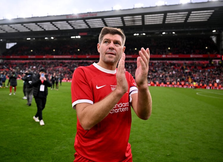 (THE SUN OUT, THE SUN ON SUNDAY OUT) Steven Gerrard showing his appreciation to the fans at the end of the LFC Foundation charity match between Liv...