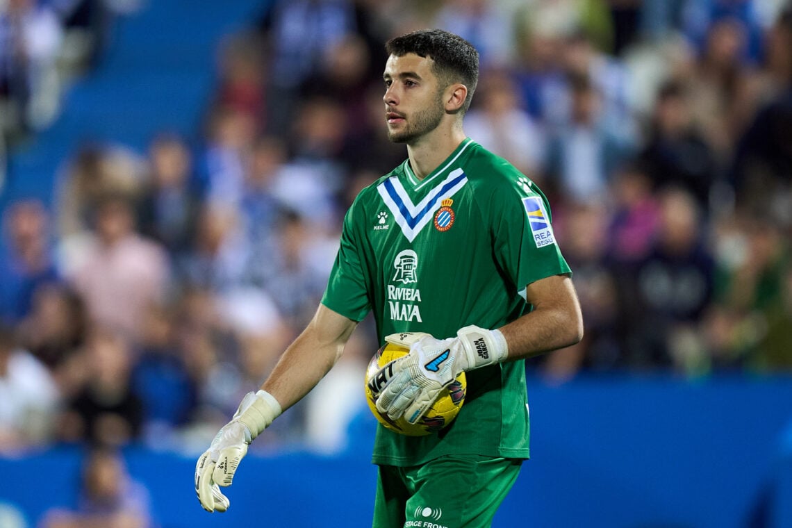 Joan Garcia of RCD Espanyol looks on during the LaLiga Hypermotion match between CD Leganes and RCD Espanyol at Estadio Municipal de Butarque on Ap...