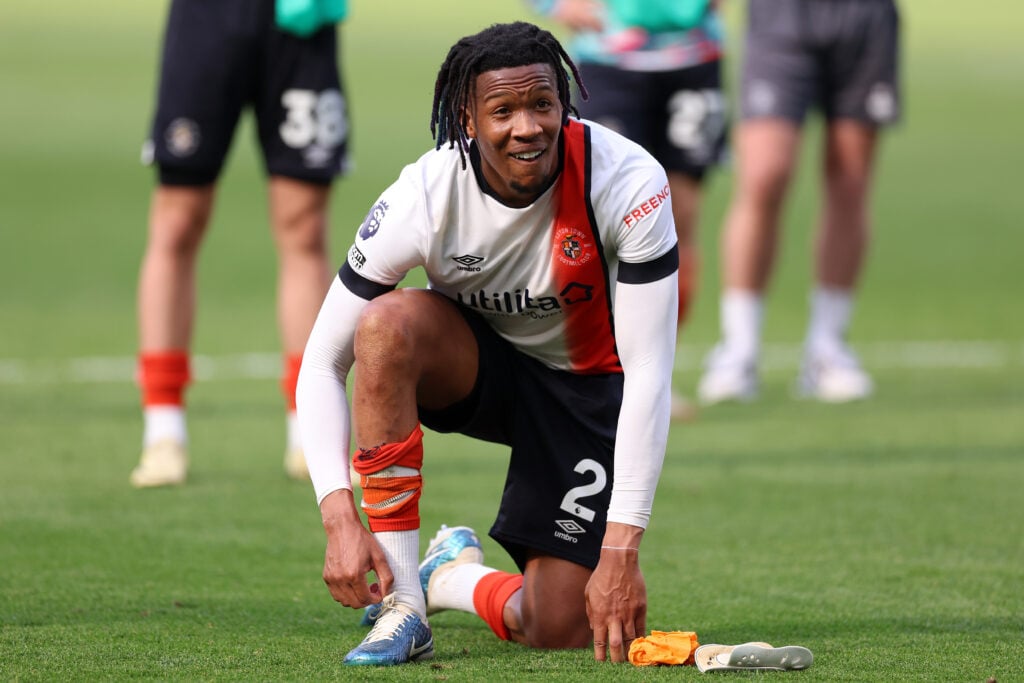 Gabriel Osho of Luton Town reacts following the Premier League match between West Ham United and Luton Town at London Stadium on May 11, 2024 in Lo...