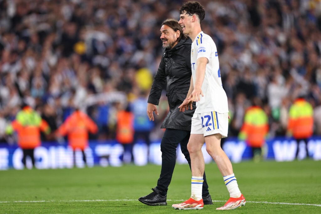 Daniel Farke the head coach / manager of Leeds United and Archie Gray of Leeds United at full time during the Sky Bet Championship Play-Off Semi-Fi...