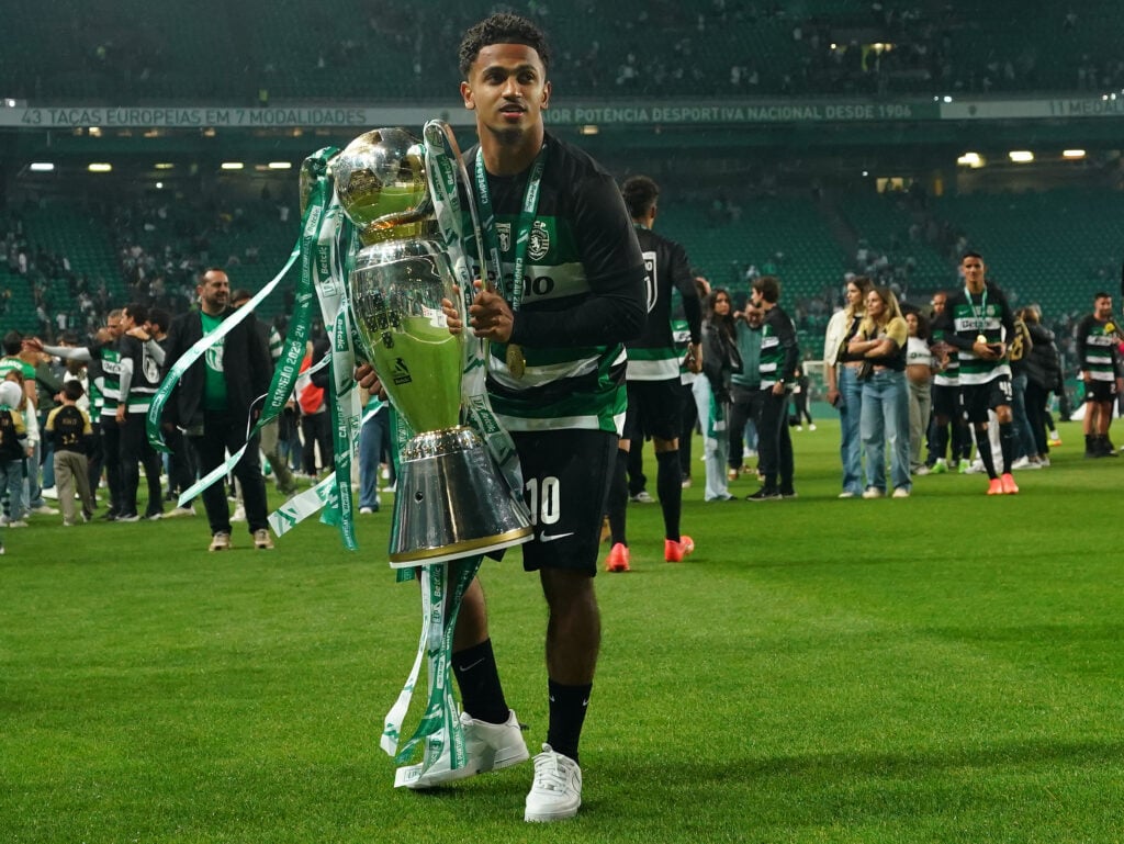 Marcus Edwards of Sporting CP celebrates with trophy after winning the Liga Portugal Betclic at the end of the Liga Portugal Betclic match between ...