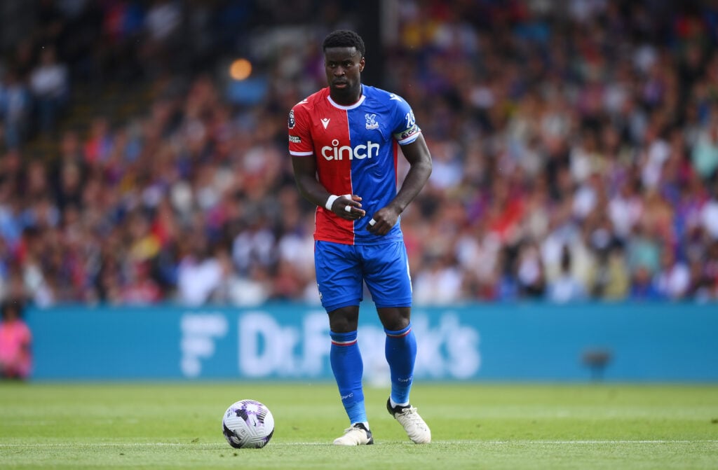 Marc Guehi of Crystal Palace runs with the ball during the Premier League match between Crystal Palace and Aston Villa at Selhurst Park on May 19, ...
