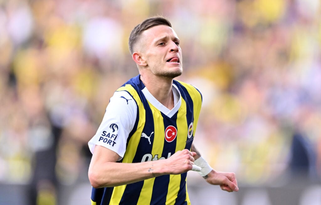 Sebastian Szymanski of Fenerbahce celebrates with his teammates after a goal during last week of the Turkish Super Lig football match between Fener...