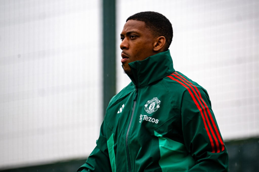 Anthony Martial of Manchester United in action during a first team training session at Carrington Training Ground on May 22, 2024 in Manchester, En...