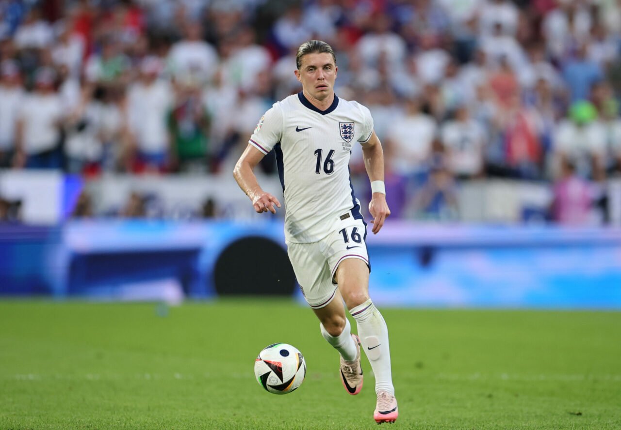 Conor Gallagher of England controls the ball during the UEFA EURO 2024 group stage match between England and Slovenia at Cologne Stadium on June 25...