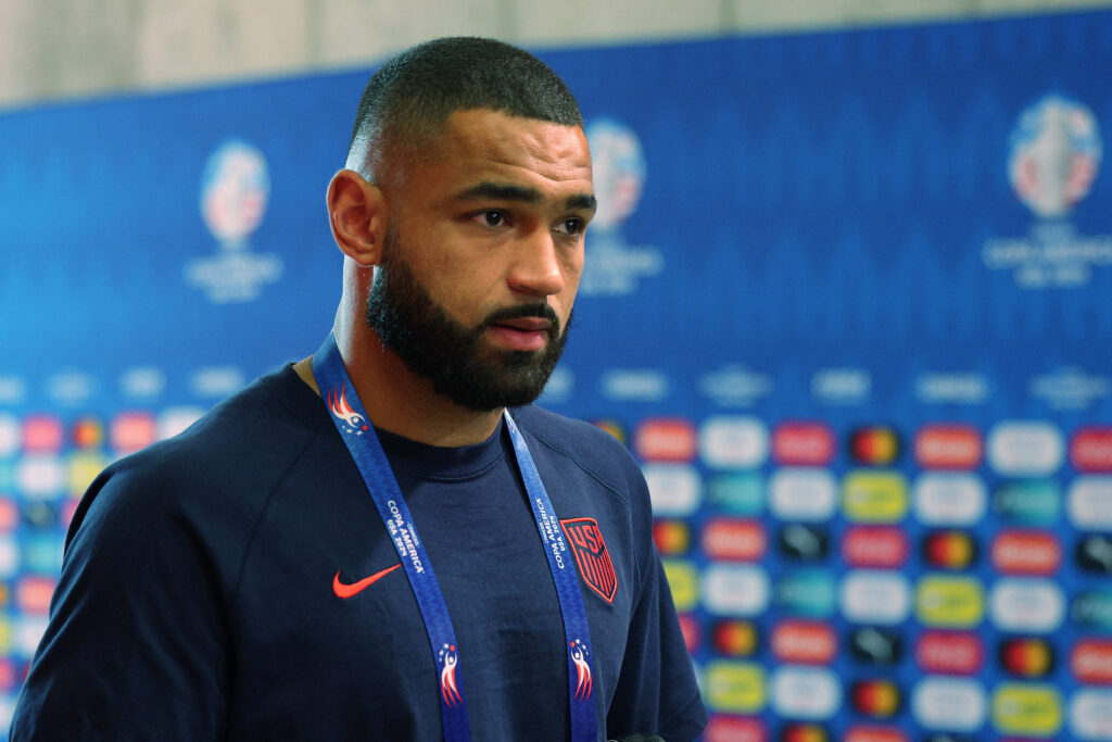 Cameron Carter-Vickers #2 of the United States arrives at the stadium prior to playing Uruguay at GEHA Field at Arrowhead Stadium on July 01, 2024 ...