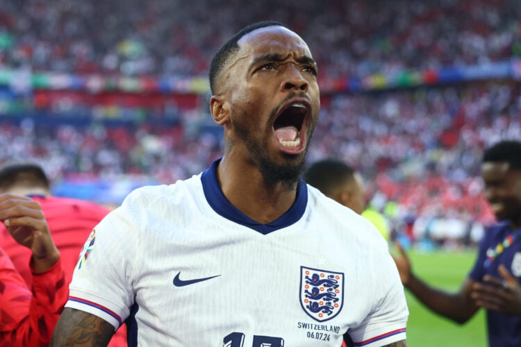 Ivan Toney of England celebrates his side's victory in a penalty shootout during the UEFA EURO 2024 quarter-final match between England and Switzer...