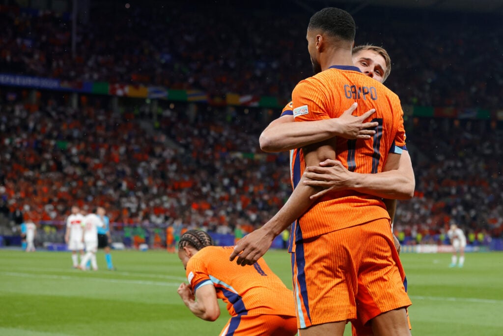 Cody Gakpo of Holland celebrates the second goal 2-1 with Mickey van de Ven of Holland  during the  EURO match between Holland  v Turkey at the Oly...